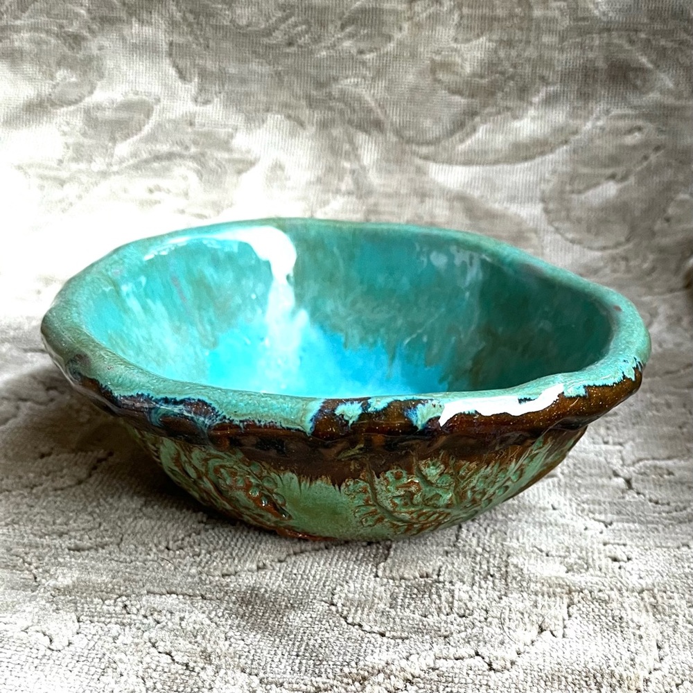 Spirit Song Studio Red Clay & Green Teal Pottery Bowl 6" Diameter  Etched Design